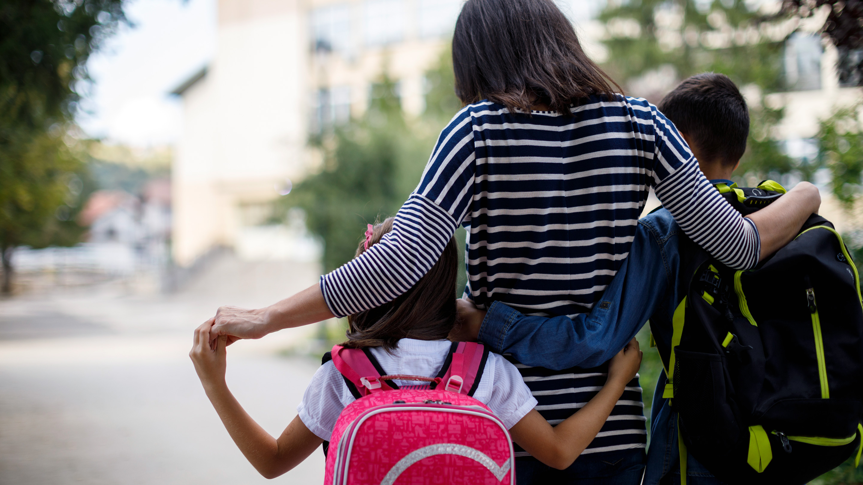 The back view of a parent walking two children to school.