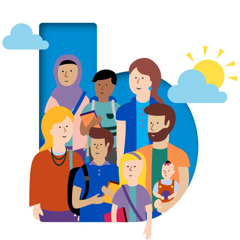 Illustration, colourful people on 'b' logo with clouds and sun