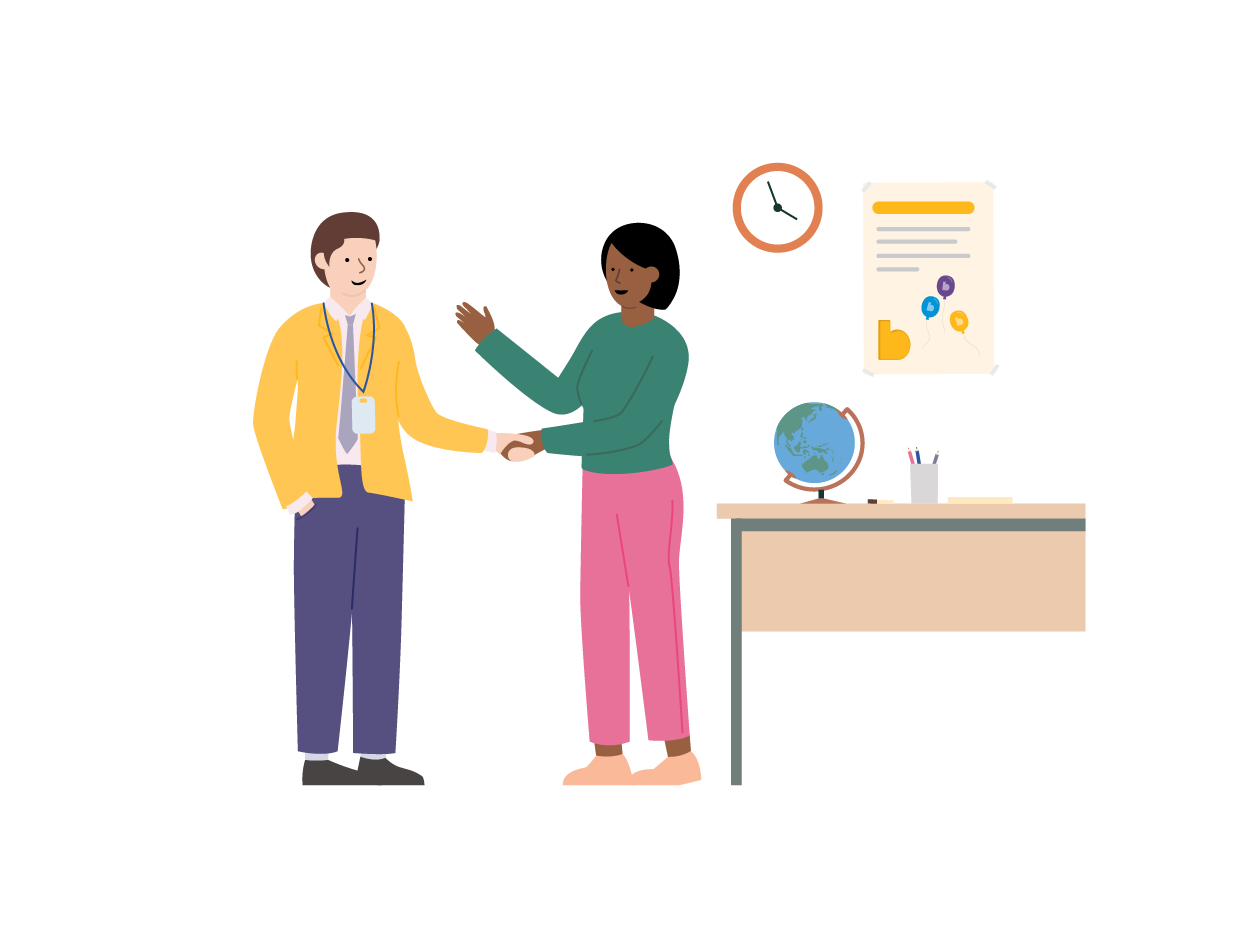 Illustration of consultant speaking to and helping educator next to desk