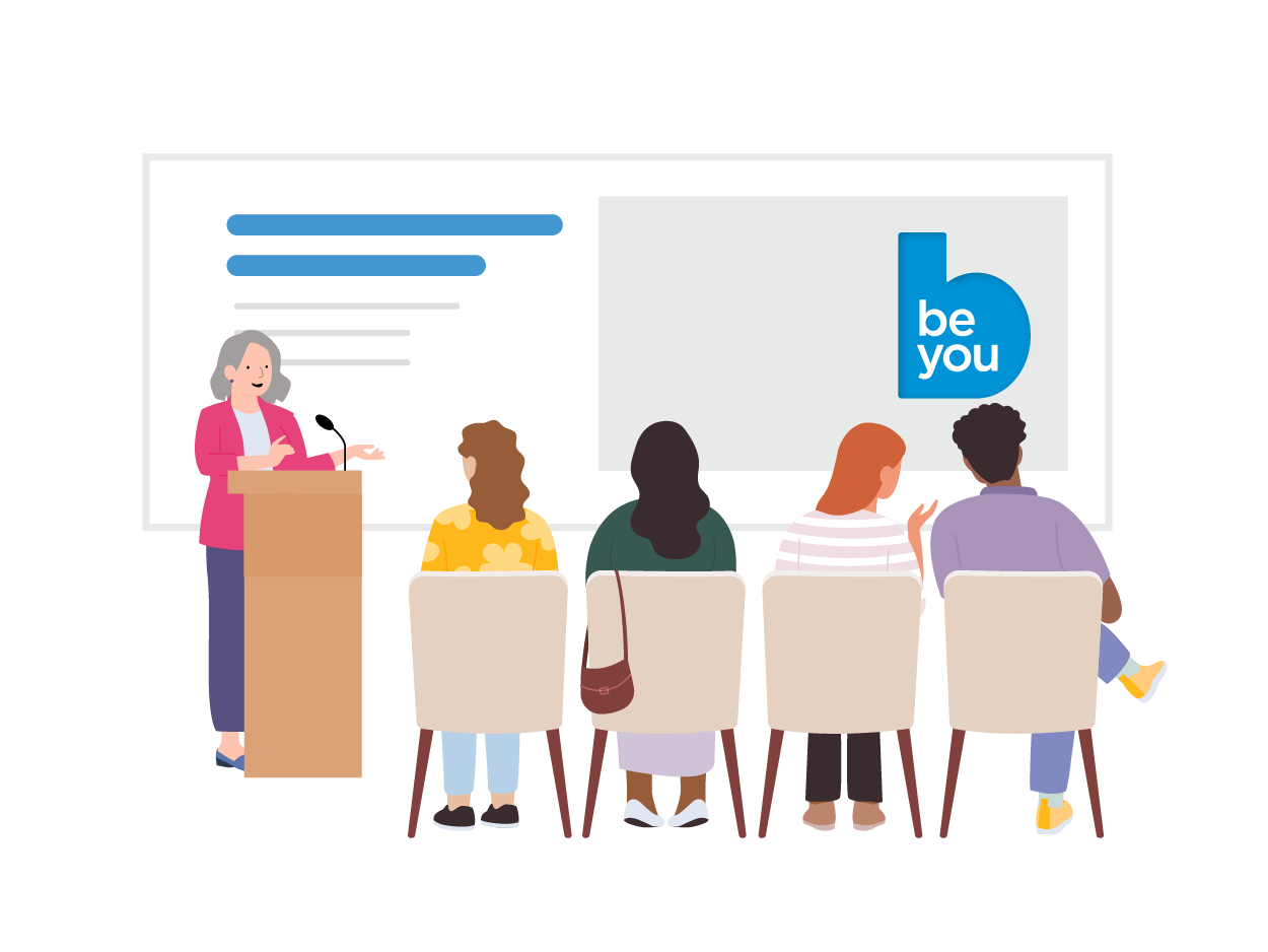 Illustration of person presenting to fellow educators as part of an action team.