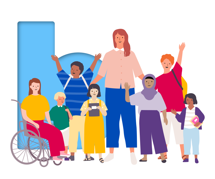 Illustration of group of people in front of 'b' logo