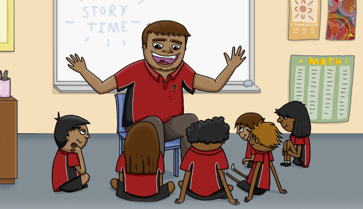 An illustration of an Aboriginal and Islander Education Officer seated in a classroom, telling a story to a group of school children.