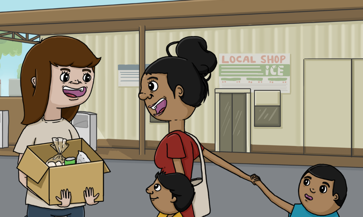 An illustration of an educator holding a box of groceries and talking to a family outside a shop.